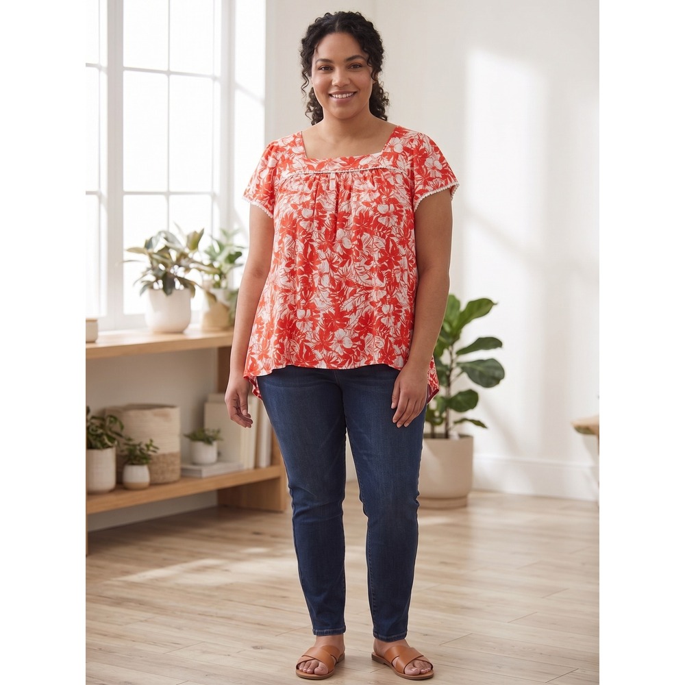 Woman Within Orange & White Hawaiian Flowy Top, Size 1X 22/24